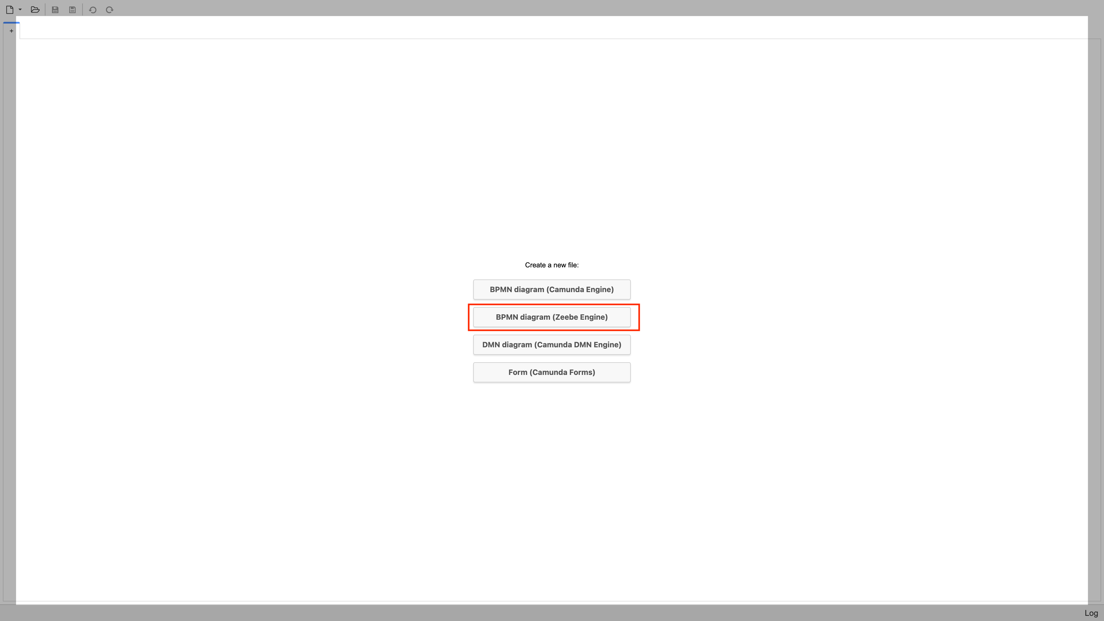 Camunda Modeler initial screen with BPMN Diagram (Zeebe engine) highlighted