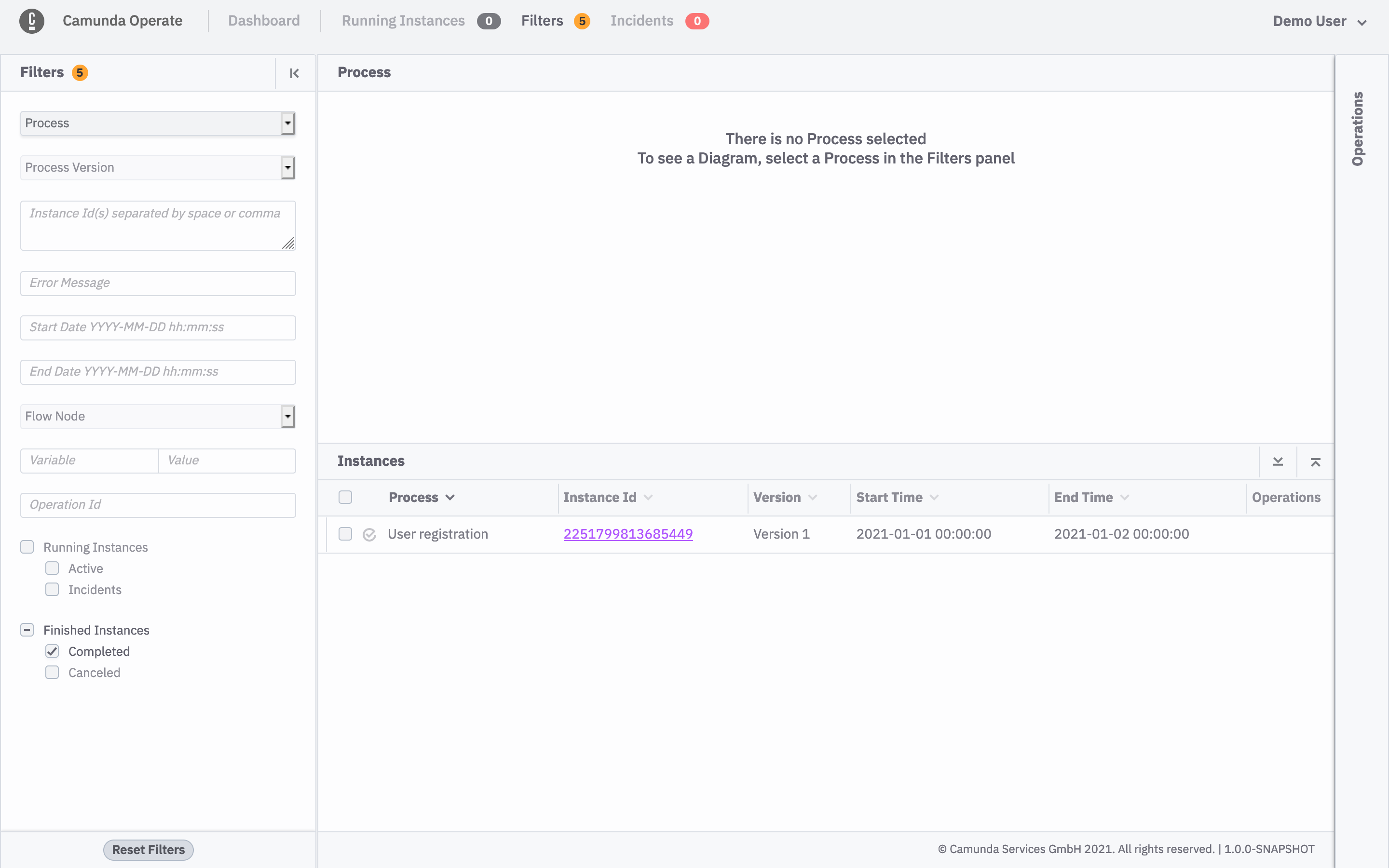 Operate Instances page with completed filter checked and one Instance visible