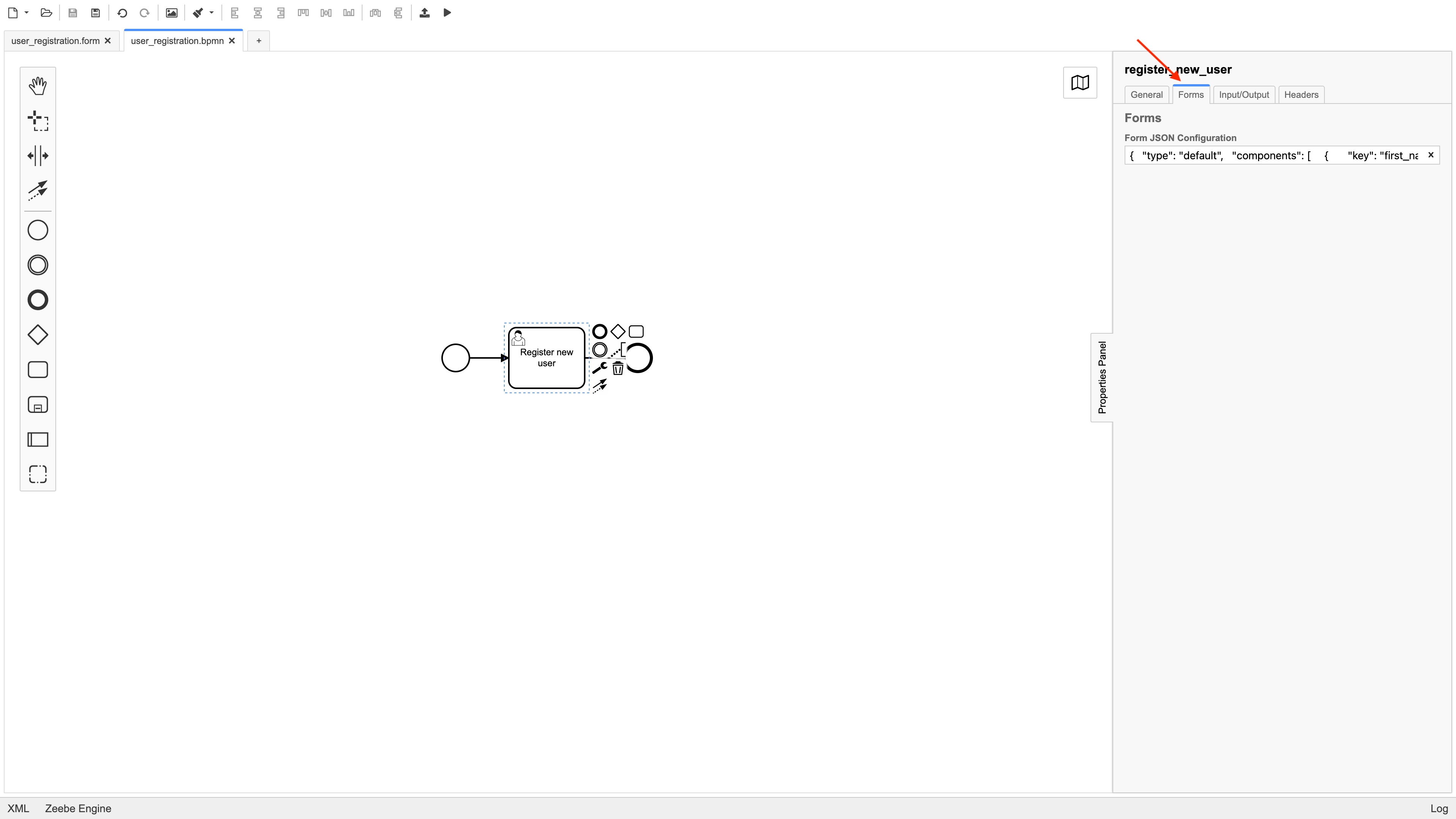 BPMN Diagram with User Task selected, Forms tab clicked, and Form JSON configuration field filled