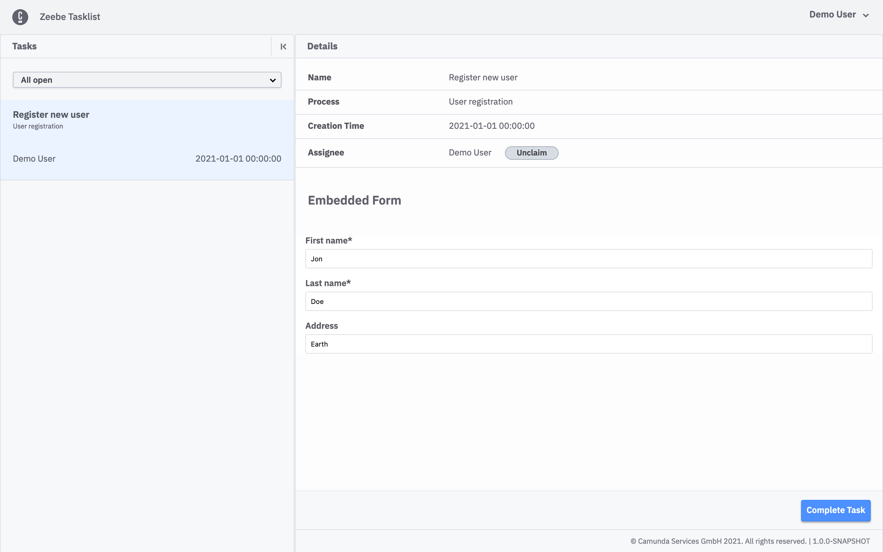 Selected task claimed with form filled