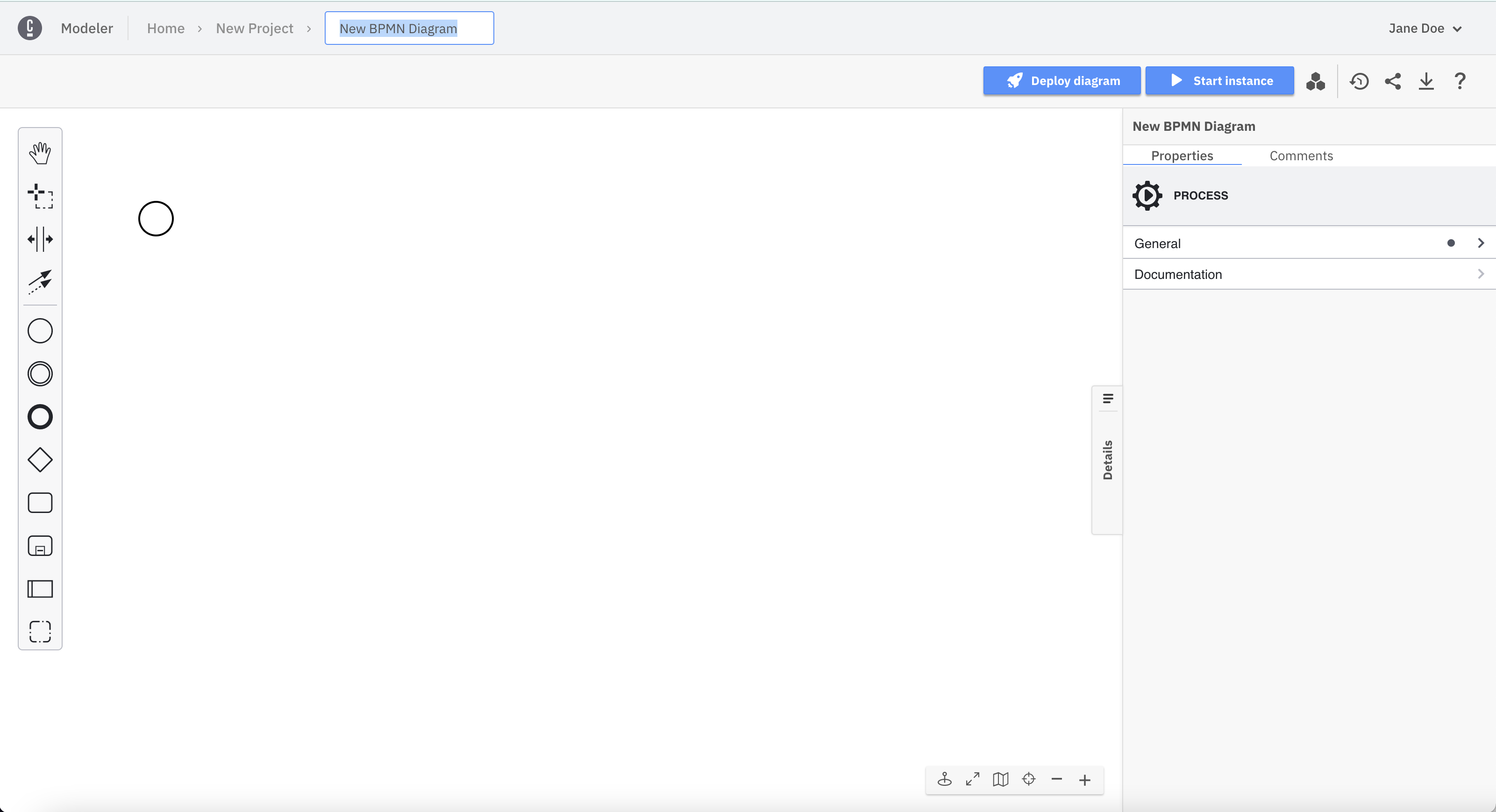 web modeler new diagram created