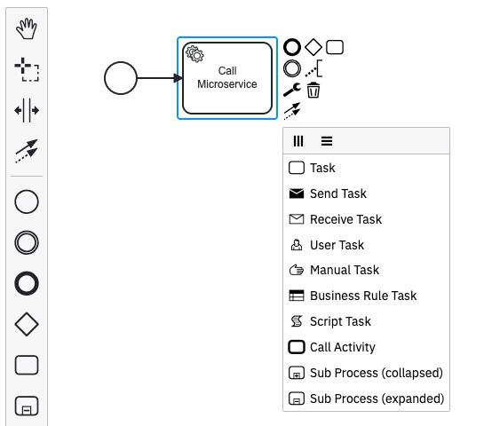 Task with dropdown showing config, including service task