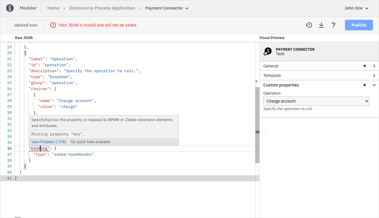 Indicating problems in connector templates