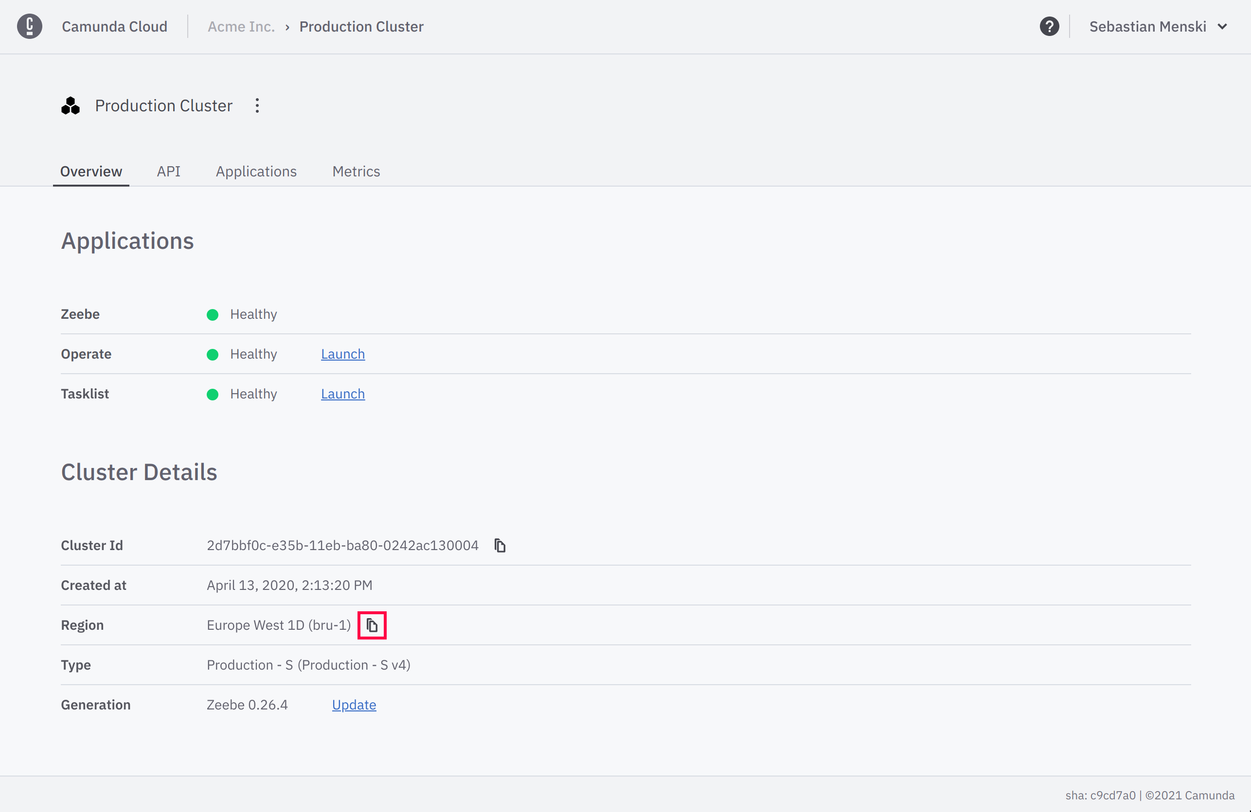 region icon to copy cluster details region