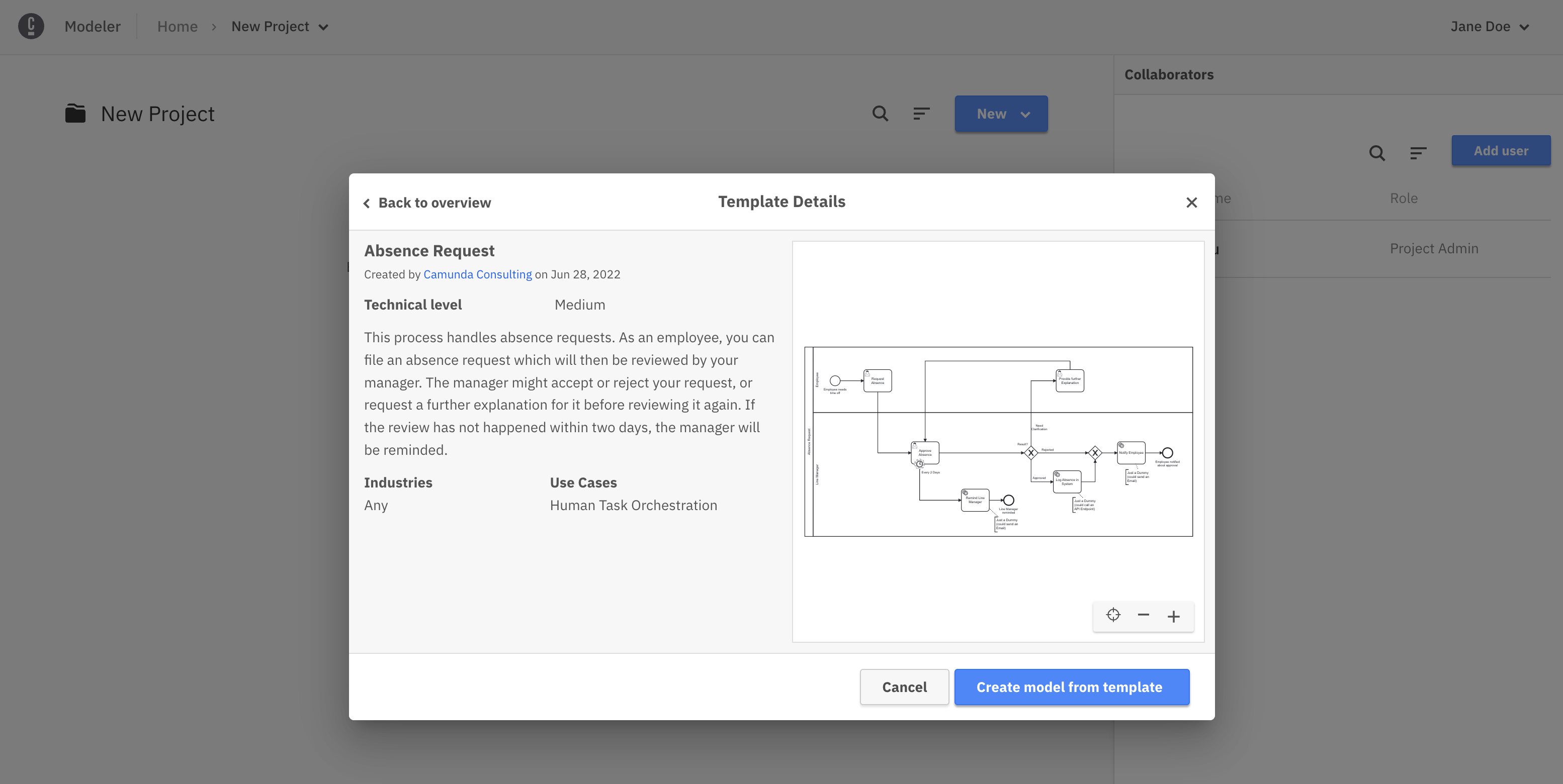 web modeler template details modal