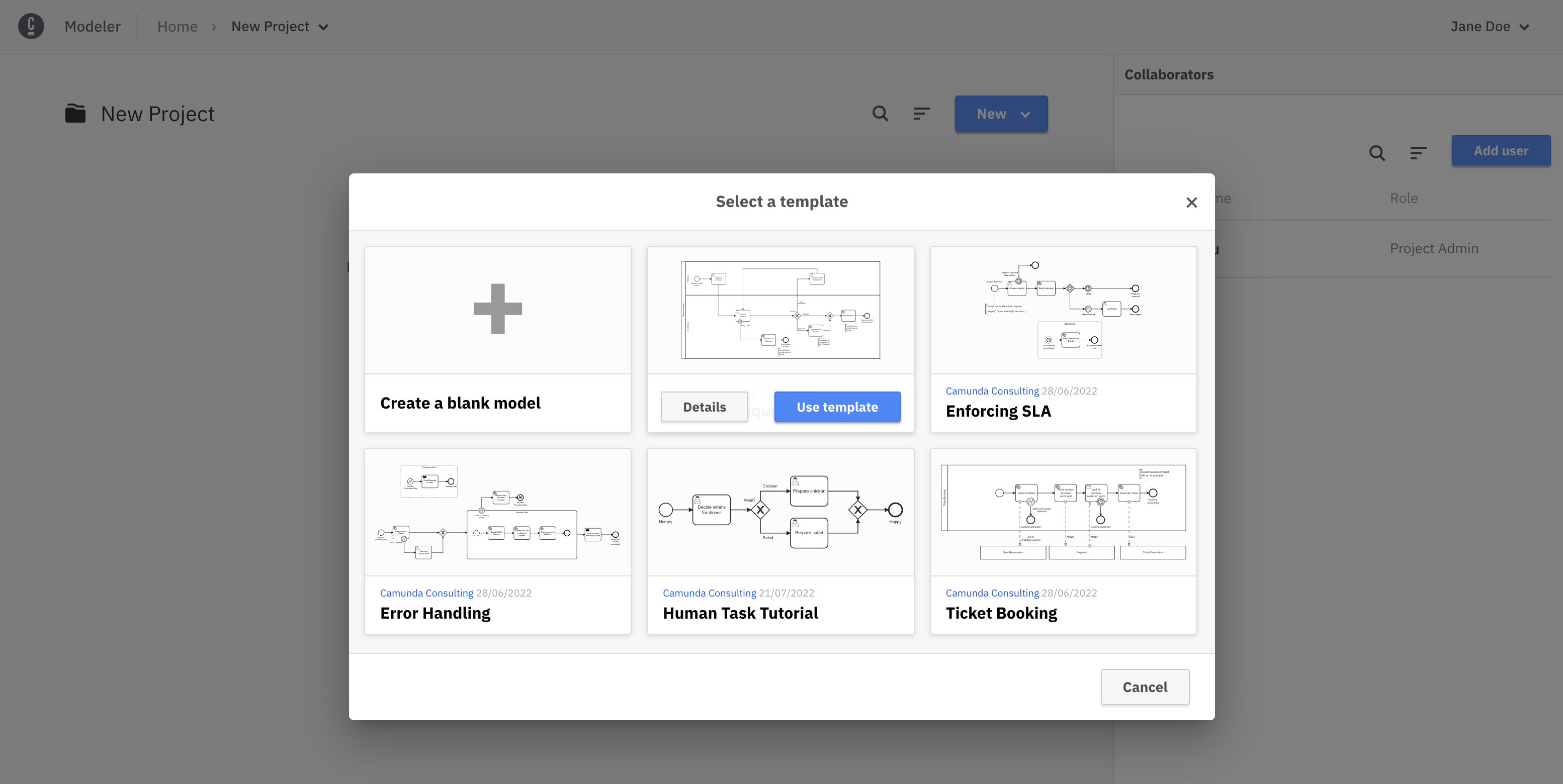 web modeler templates list modal