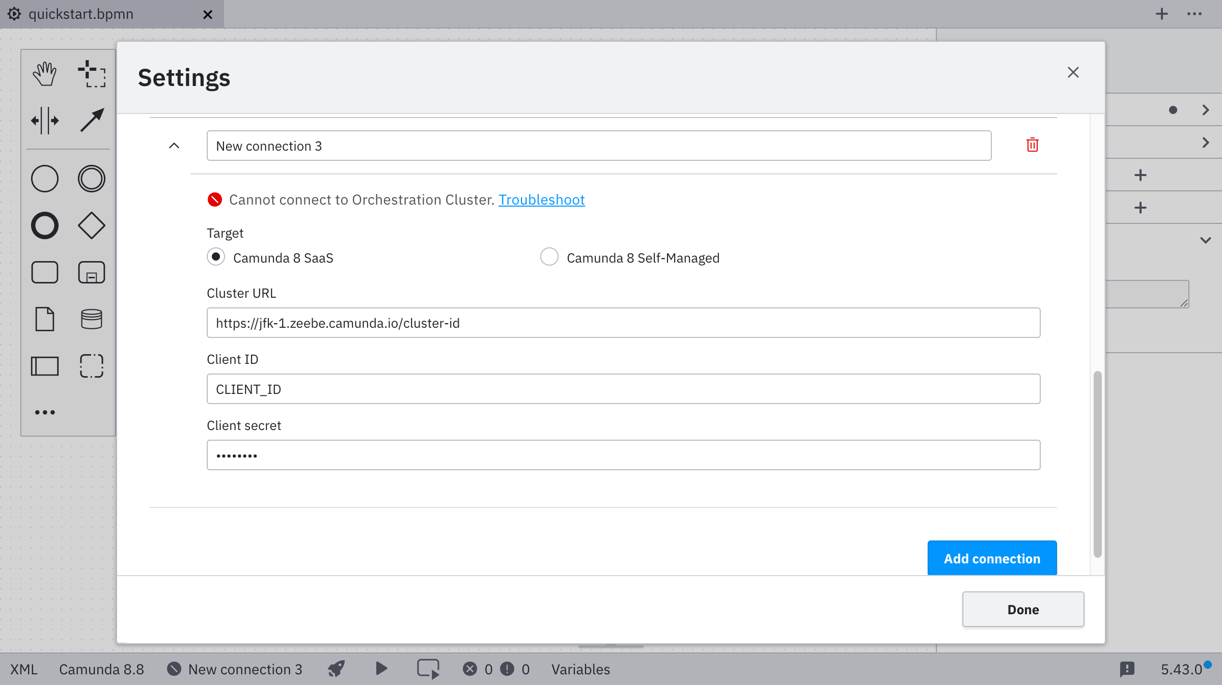 Connection manager showing connection error