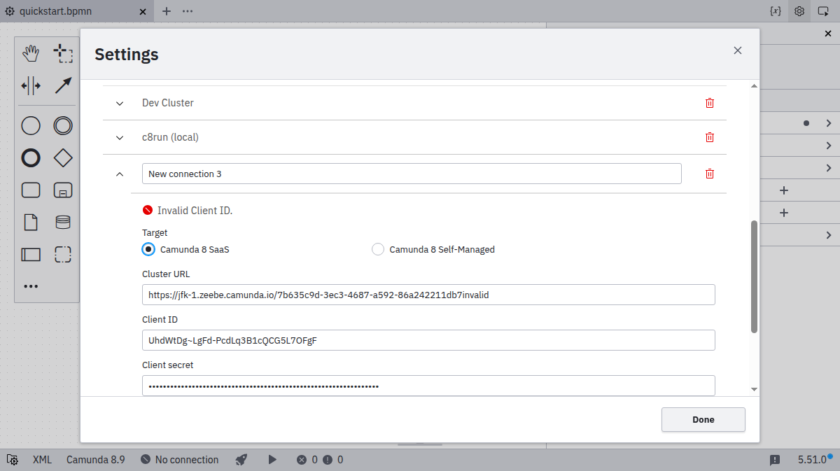 Connection manager showing connection error