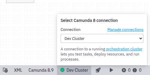 Connection selector showing the Dev connection selected