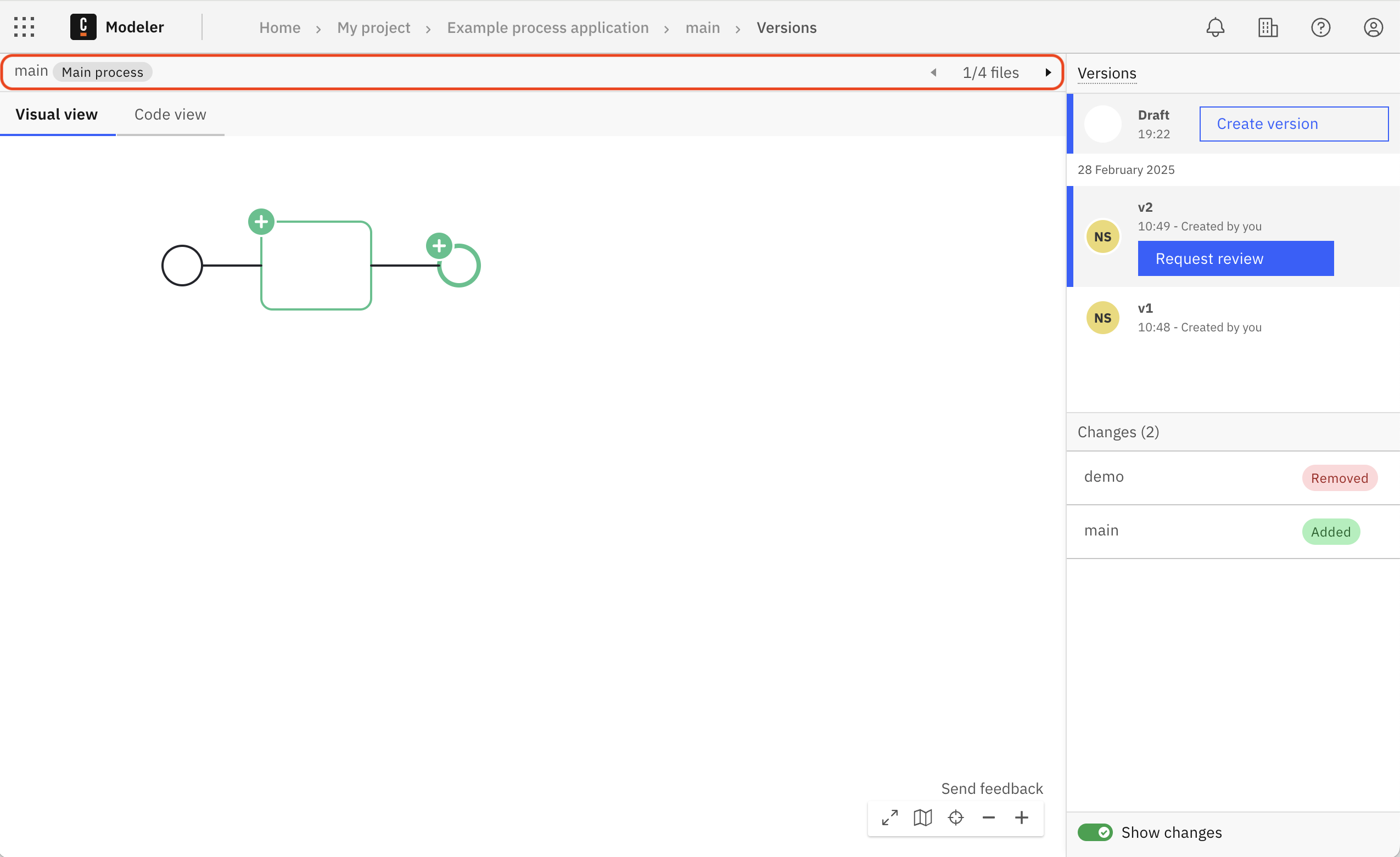 Versions list with file navigation header buttons highlighted